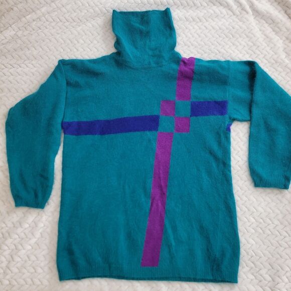 VTG Richard And Company Lambswool Angora Sweater Retro Geometric Teal Purple M - Picture 1 of 15